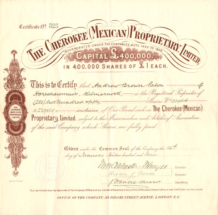 Cherokee Mexican Proprietary, Limited - Stock Certificate